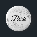 Wedding Bride Button Silver Floral Ornate Filigree<br><div class="desc">Identify the key players at your bridal shower, wedding or rehearsal dinner with our elegant, Silver faux foil buttons. Designed to coordinate with our Silver Foil Wedding Suite, this button features a Silver faux foil flourish on a white background with black text reading Bride. Perfect as a favour or gift...</div>