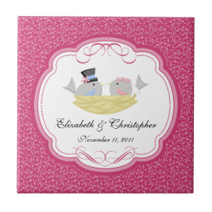 Wedding Bride Groom Birds Keepsake Tiles Pink