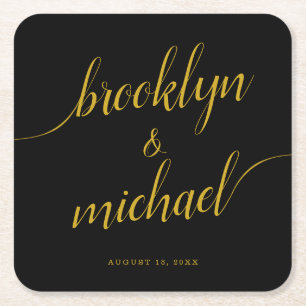 Wedding Bride & Groom Handwritten Calligraphy Square Paper Coaster
