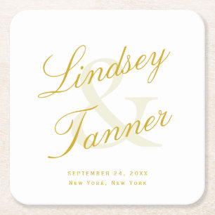 Wedding Bride & Groom in Elegant Gold Script Square Paper Coaster