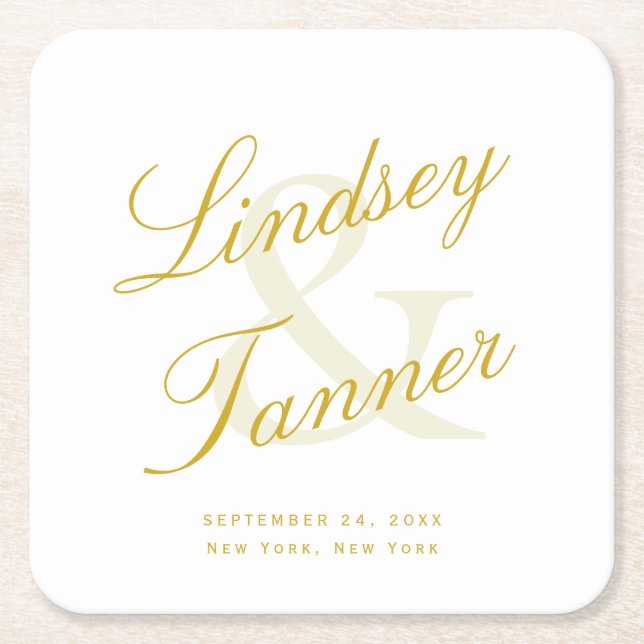Wedding Bride & Groom in Elegant Gold Script Square Paper Coaster (Front)