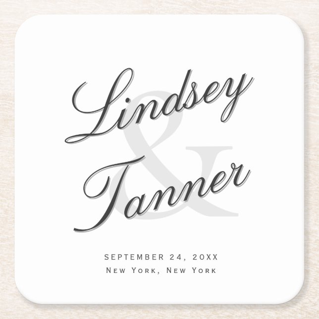 Wedding Bride & Groom in Elegant Shadowed Script Square Paper Coaster (Front)