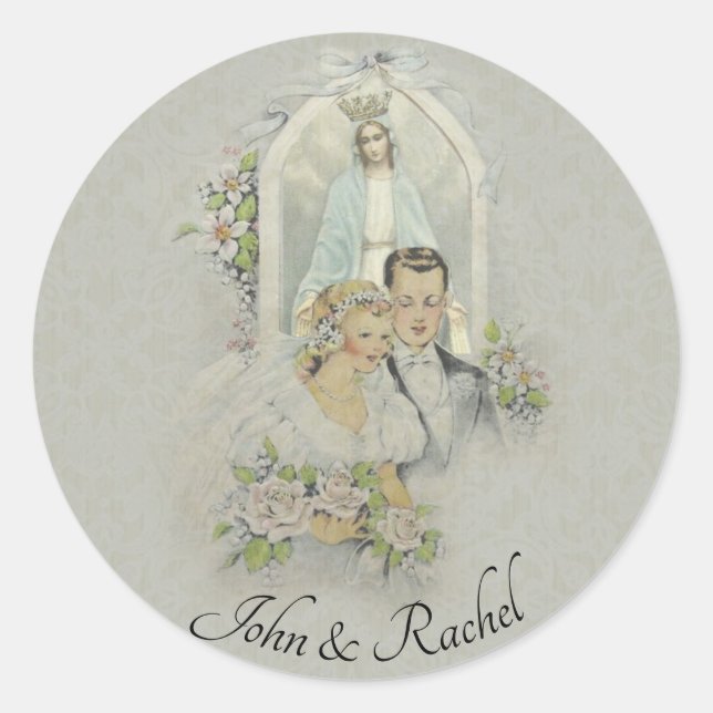Wedding Bride Groom Mary Roses Religious Classic Round Sticker (Front)