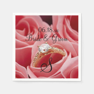 Wedding Bride Groom Name Date Monogram Roses Paper Napkin
