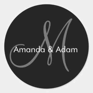 Wedding Bride Groom Names Monogram Black Grey Classic Round Sticker