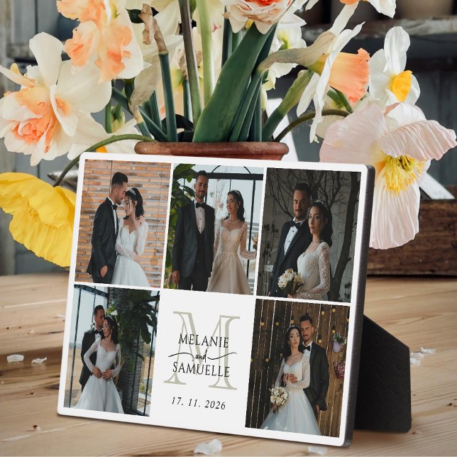 Wedding Bride & Groom Photo Collage Monogram Names Plaque (Creator Uploaded)