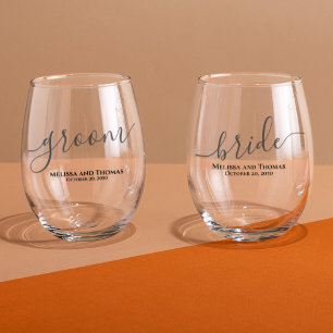 Wedding Bride Groom Script Personalised Stemless Wine Glass