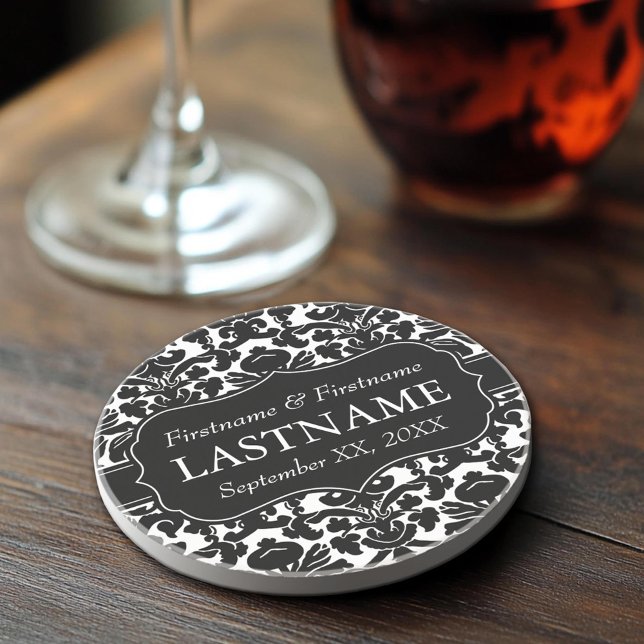 Wedding Bride Groom - Vintage Damask Pattern Coaster (Sandstone Coaster)
