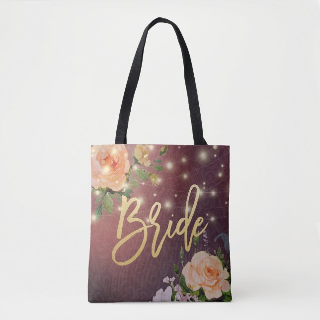 Wedding Brides Burgundy Chic Floral String Lights Tote Bag (Front)
