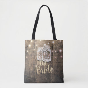 Wedding Brides Rustic Wood Mason Jar String Lights Tote Bag