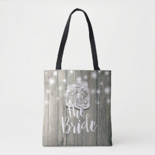 Wedding Brides Rustic Wood Mason Jar String Lights Tote Bag