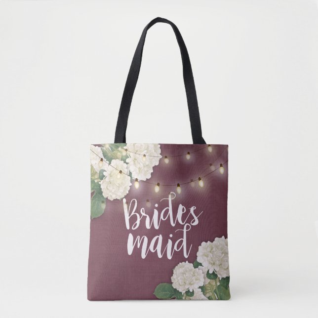 Wedding Bridesmaid Hydrangea Flowers String Lights Tote Bag (Front)