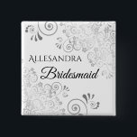 Wedding Bridesmaid Name Tag Fancy Silver Filigree 15 Cm Square Badge<br><div class="desc">Identify the key players at your bridal shower, wedding or rehearsal dinner with our elegant, Silver faux foil buttons. Designed to coordinate with our Silver Foil Wedding Suite, this button features a Silver faux foil flourish on a white background with black text reading Bridesmaid and a place to enter her...</div>