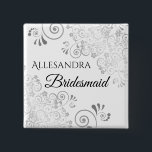 Wedding Bridesmaid Name Tag Fancy Silver Filigree 15 Cm Square Badge<br><div class="desc">Identify the key players at your bridal shower, wedding or rehearsal dinner with our elegant, Silver faux foil buttons. Designed to coordinate with our Silver Foil Wedding Suite, this button features a Silver faux foil flourish on a white background with black text reading Bridesmaid and a place to enter her...</div>