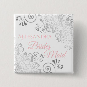 Wedding Bridesmaid Name Tag Pink & Grey Frills 15 Cm Square Badge