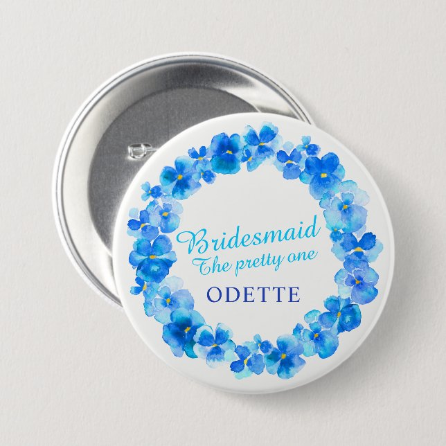 Wedding bridesmaid pansy blue flower custom name 7.5 cm round badge (Front & Back)