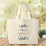 Wedding Bridesmaid Personalised Floral Flowers Lar Large Tote Bag<br><div class="desc">A botanical floral Wedding Maid of Honour wedding calligraphy with pretty blue delphinium flowers. Personalised with your bridesmaid's name. A wonderful Custom gift with a girly style, and tinted blue delphinium flowers. A trendy must-have for your wedding activities. This design features wedding bridesmaid floral greenery, a blue flower calligraphy script,...</div>