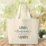 Wedding Bridesmaid Personalised Floral Flowers Large Tote Bag<br><div class="desc">A botanical floral Wedding Bridesmaid wedding calligraphy with pretty blue delphinium flowers. Personalised with your bridesmaid's name. A wonderful Custom gift with a girly style, and tinted blue delphinium flowers. A trendy must-have for your wedding activities. This design features wedding bridesmaid floral greenery, a blue flower calligraphy script, an elegant...</div>