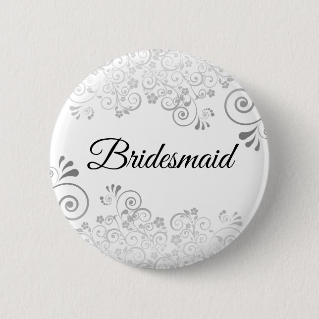 Wedding Bridesmaid Silver Ornate Curly Filigree 6 Cm Round Badge (Front)