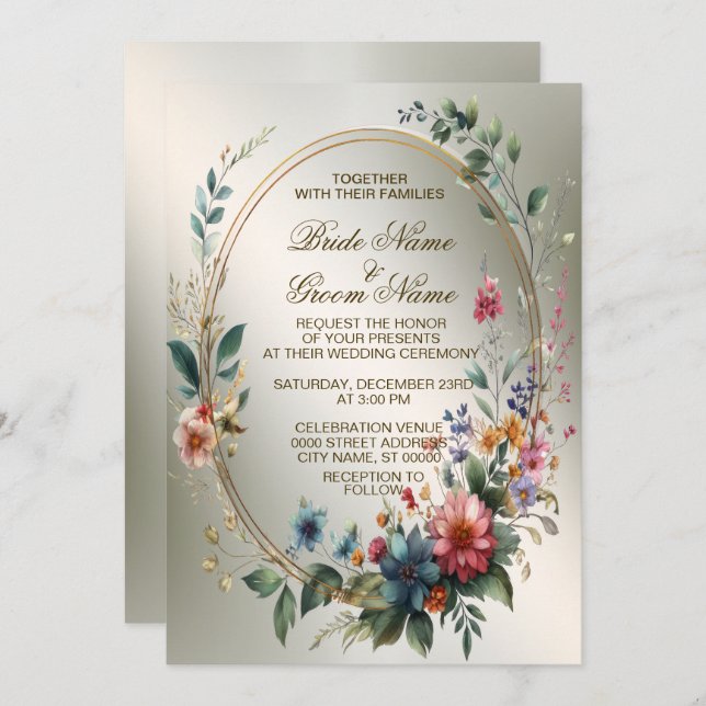 Wedding Bronze Colourful Flowers Golden Frame Part Invitation (Front/Back)