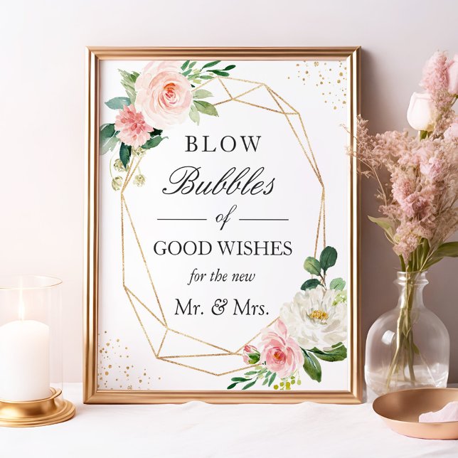 Wedding Bubbles of Good Wishes Blush Pink Floral Poster (Creator Uploaded)