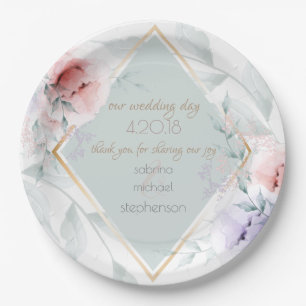 Wedding Buffet Coral and Lilac Aquarelle Flowers Paper Plate