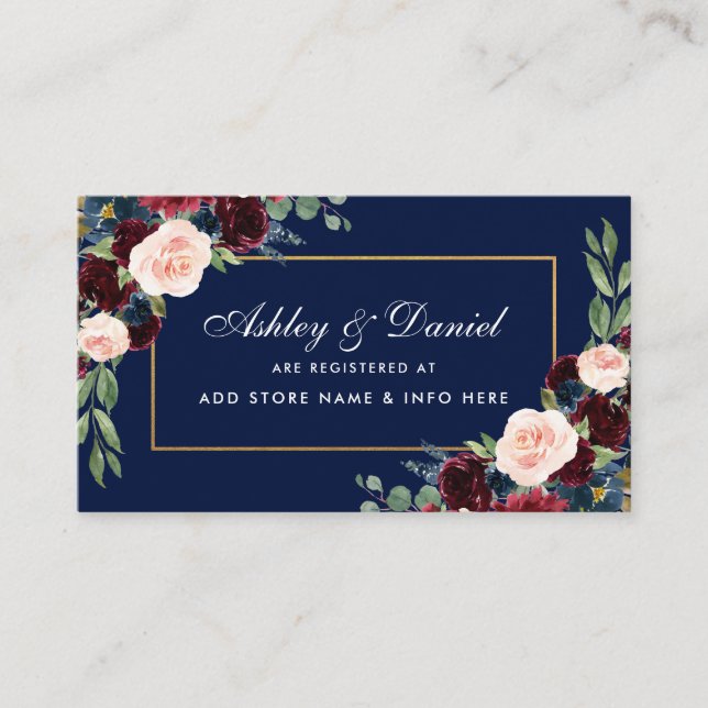 Wedding Burgundy Blue Floral Registry Insert Card (Front)