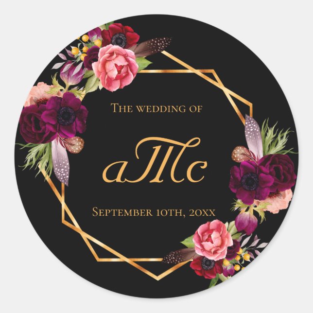 Wedding burgundy floral black monogram initials classic round sticker (Front)