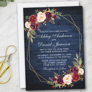 Wedding Burgundy Floral Blue Wood Geometric Gold Invitation