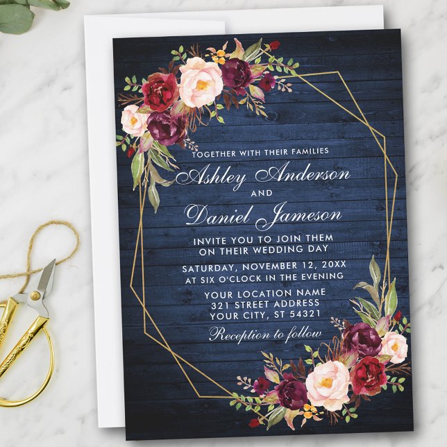 Wedding Burgundy Floral Blue Wood Geometric Gold Invitation (Customize to add more text or photos to back of card.)