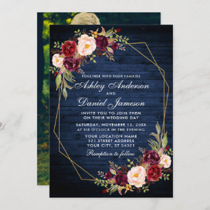 Wedding Burgundy Floral Blue Wood Geometric Photo Invitation
