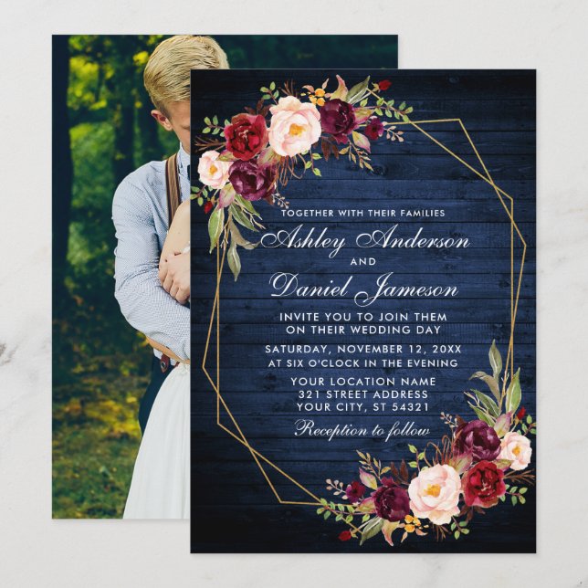 Wedding Burgundy Floral Blue Wood Geometric Photo Invitation (Front/Back)