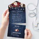 Wedding Burgundy Floral Blue Wood Lights All In One Invitation<br><div class="desc">Rustic Wedding,  Watercolor Burgundy Floral,  Blue Wood and String Lights Wedding All In One Invitation with RSVP Card includes burgundy roses,  pink roses,  red roses and botanical greenery.</div>