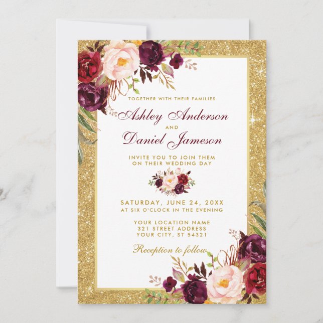 Wedding Burgundy Floral Gold Glitter Invitation (Front)