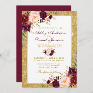 Wedding Burgundy Floral Gold Glitter Invitation B