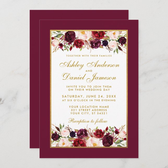 Wedding Burgundy Floral Gold White Elegant Invitation (Front/Back)