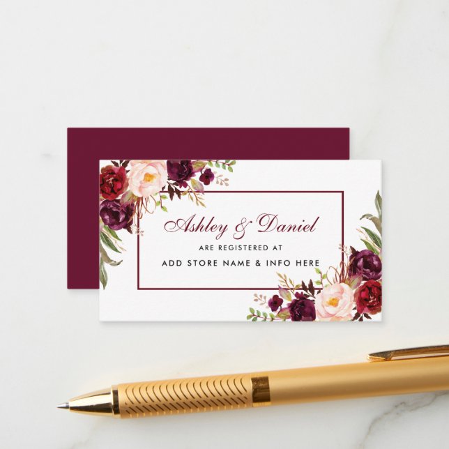 Wedding Burgundy Floral Registry Insert Card BR (Front/Back In Situ)