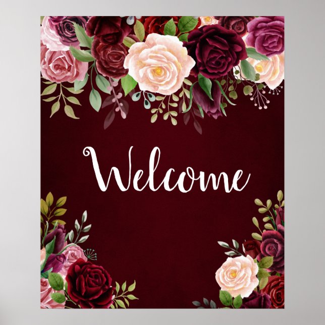Wedding burgundy floral welcome sign (Front)
