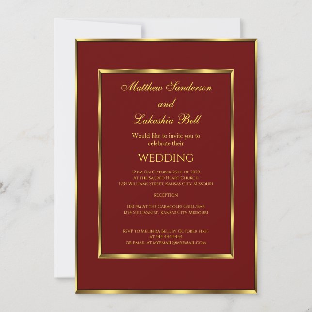 Wedding Burgundy gold Elegant Modern Invitation (Front)