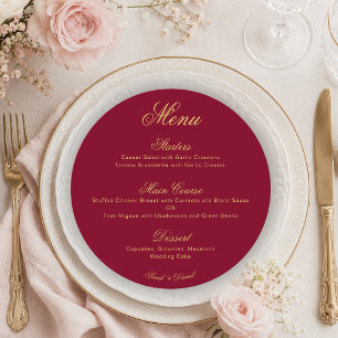 Wedding Burgundy Gold Simple Calligraphy Red Round Menu