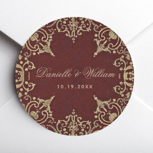 Wedding Burgundy Gold Vintage Elegant Calligraphy Classic Round Sticker