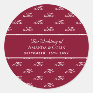 Wedding burgundy monogram couple initials elegant classic round sticker