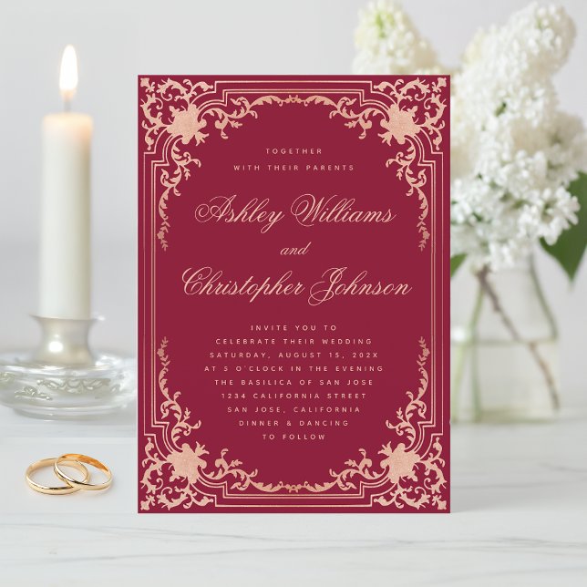 Wedding Burgundy Pink Rose Gold Vintage Elegant  Invitation (Creator Uploaded)