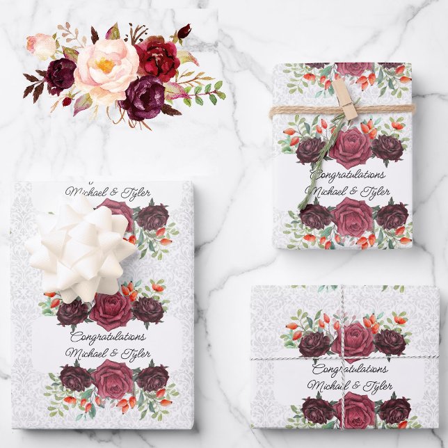 Wedding Burgundy Roses Personalise Names 3 Damask Wrapping Paper Sheet (Creator Uploaded)