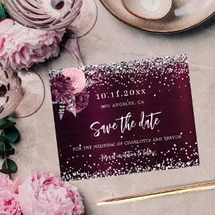 Wedding burgundy silver flowers save the date