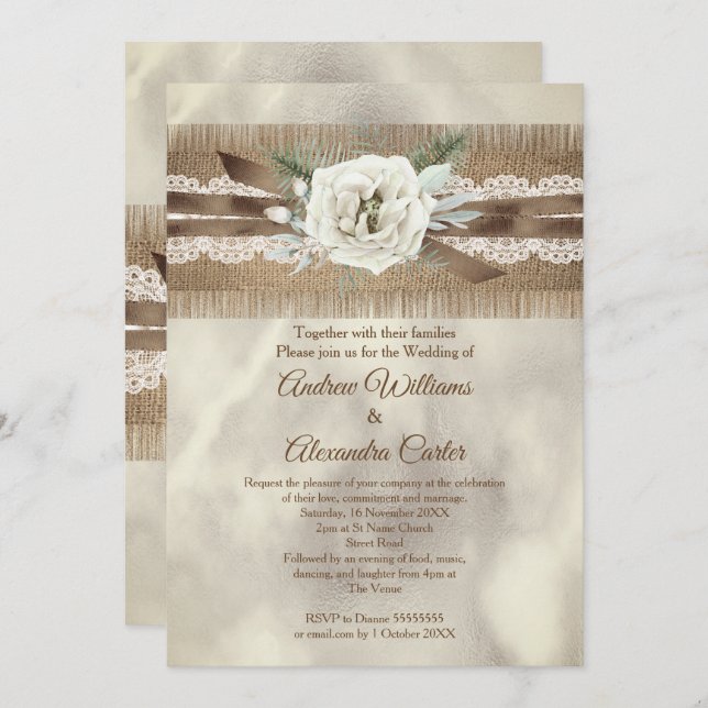Wedding Burlap Beige White Rose Lace Bow Invitation (Front/Back)