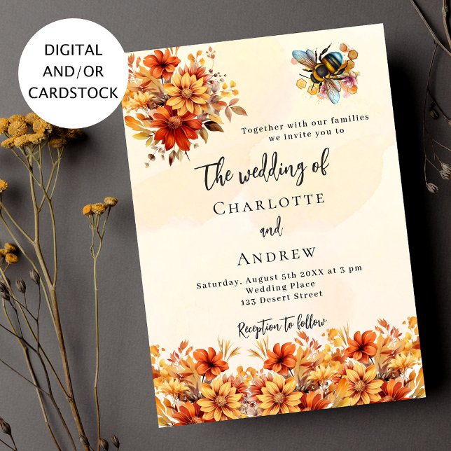 Wedding burnt orange fall florals bee invitation (Creator Uploaded)