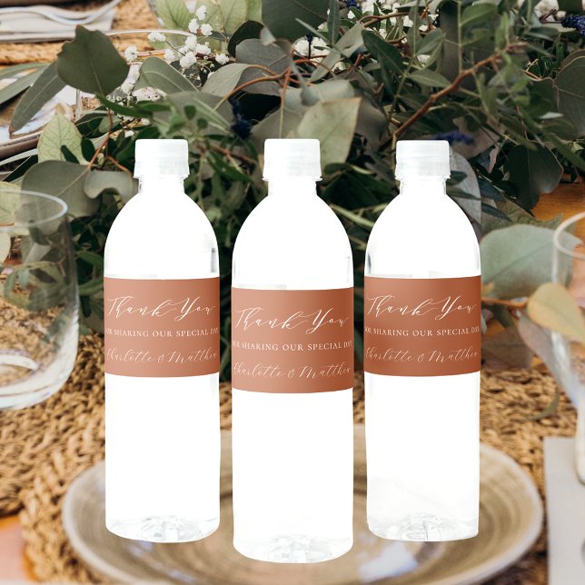 Wedding burnt orange terracotta modern thank you water bottle label (Creator Uploaded)