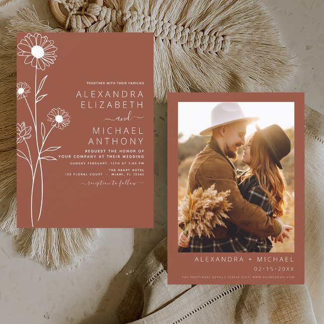 Wedding Burnt Orange Terracotta Photo Floral Invitation (Creator Uploaded)