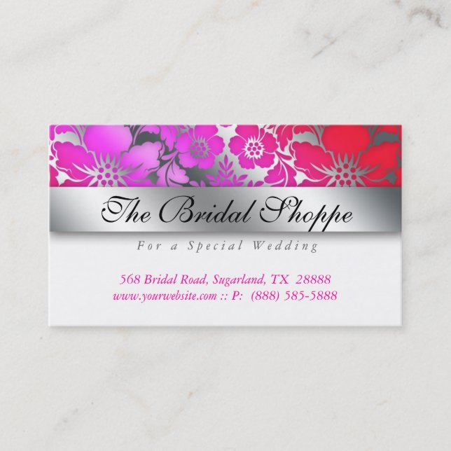 Wedding Business Card Damask Floral Silver Pink Re (Front)